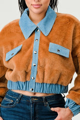 Women Athina Drop Shoulder Denim Contrast Fur Crop Jacket Zarnesh